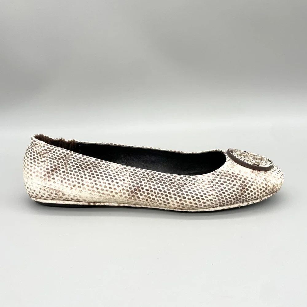 Tory Burch Minnie Travel Ballet Flats Womens 9M Snake Print Leather Brown Cream